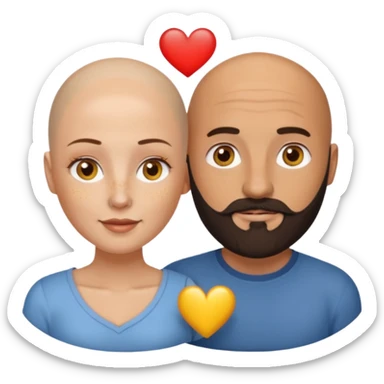 Couple. Bald man with dark brown-black beard. White woman with many small, faded freckles, white skin and she has auburn-yellow-brown-caramel, dark hair. She has light yellow-brown eyes. The man have hazel eyes. They are inside a big heart. sticker