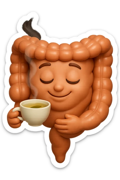emoji stile iphone 3d di intestino umano sereno che si tocca la pancia mentre sorseggia un thè alle erbe, iperrealistico 4k sticker