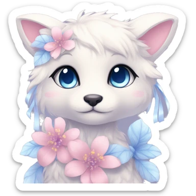 Anthro Cute Cool Blushing Pastel Innocent Shy Kawaii gorgeous sparkly ethereal fantasy anime animal creature with blue eyes furry sona with flowers and ribbons beautiful aesthetic sticker