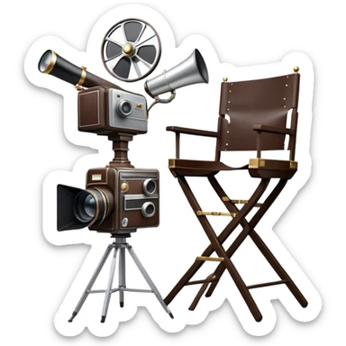 Icon for Directing: a director's chair, a large film camera, a megaphone, a stage set with lights and an Oscar statuette. The icon should represent the creative and leadership aspects of directing, with focus on film and theater production. Transparent background. sticker