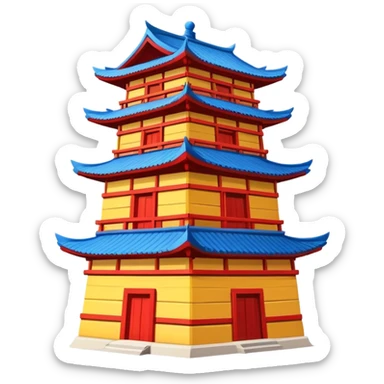 Dong minority drum tower wooden building, simplified emoji style with bold outlines and bright colors, cartoon style traditional wooden tower sticker