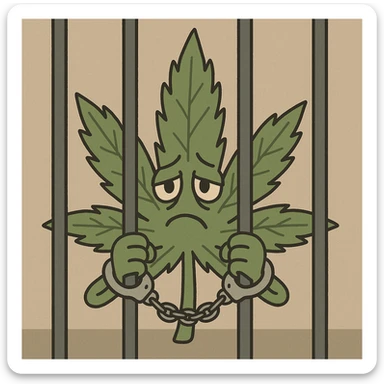 stylized cannabis leaf with handcuffs and jail bars, somber mood, simple illustration sticker