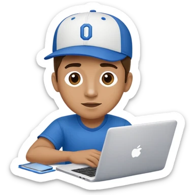 men with a blue white colored baseball cap which spells "On it!" seen from the side working on a laptop. Laptop cover spells "On it". sticker
