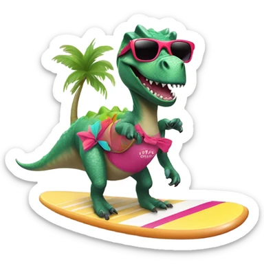 Dinosaur on a surfboard wearing a tutu and sunglasses sticker