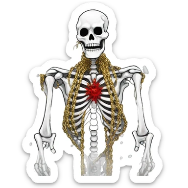 White skeleton zombie person covered in golden chains and black graffiti scribbles and red and silver doodles snowing snowflakes sticker