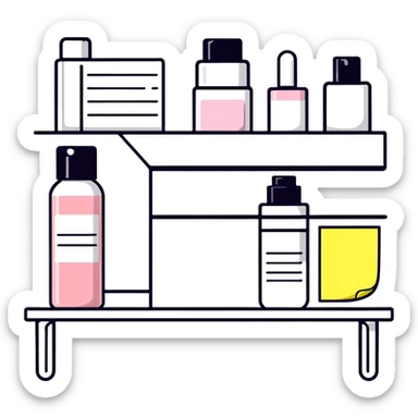big long white shelf with one serum bottle labeled beauty brand and large sticky note next to it sticker