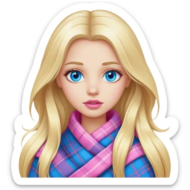 A beautiful blonde girl with long hair, blue eyes, pink lips is wrapped in a plaid sticker
