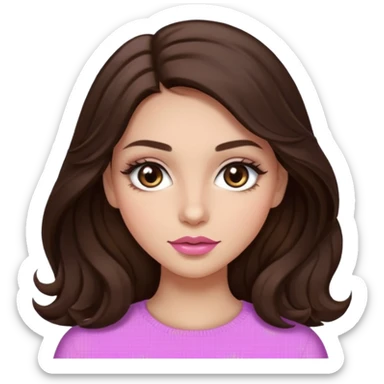 girl with wavy long dark brown hair, brown eyes, light to medium complexion, long lashes, almond shaped eyes, light pink lipstick sticker