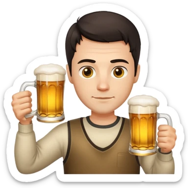 nordic man with short dark hair sitting and holding two mugs of beer sticker