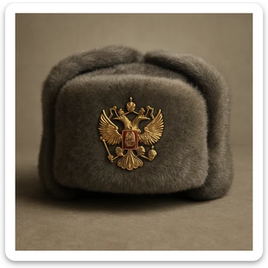 Russian hat ushank with the coat of arms of Russia, with background sticker