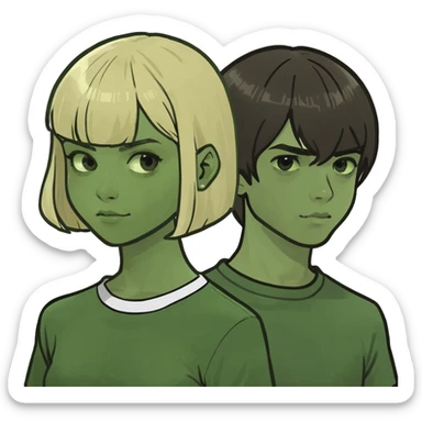 pareja chica con pelo largo marron oscuro liso , y chico con pelo tazon rubio sticker