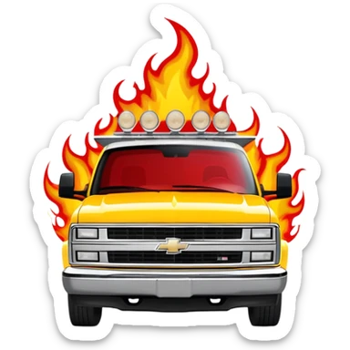 Yellow 1997 Chevrolet C-2500 Crew Cab with dramatic airbrushed red flame artwork flowing from front to sides, detailed flame design exactly like Kill Bill's Pussy Wagon, 30-degree view, iOS emoji style sticker