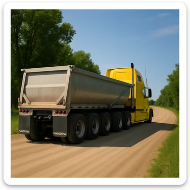 Make the silver end dump trailer significantly longer, keep the Volvo yellow semi sleeper truck and rear three-quarter angle, photorealistic, driving away down a photorealistic dirt road with trees and grass on both sides, blue sky. Maintain photorealistic style and lighting. sticker