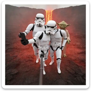 Camera POV, Starwars stormtroopers vlogging selfie, he is walking on lava planet with yoda sticker