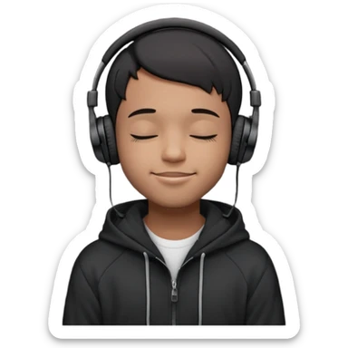 Young Black male, short hair, eyes closed, soft cheeky smile, calm and proud vibe. Dark hoodie, big black over-ear headphones. Focus on face and expression; exaggerate smile and eyes for small emoji size. Background optional. sticker