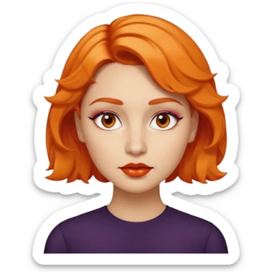 A person emoji with light skin, short orange wavy hair swept to one side, matching orange eyebrows, brown eyes, an oval-shaped face, a small nose, and dark lipstick. sticker