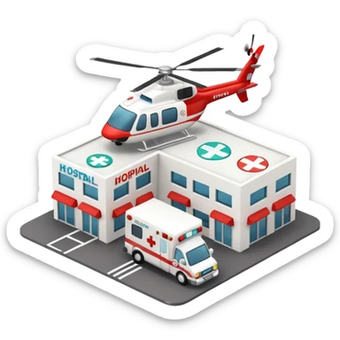 3d hospital outside, with text hospital, ambulance, helicopter , no background sticker