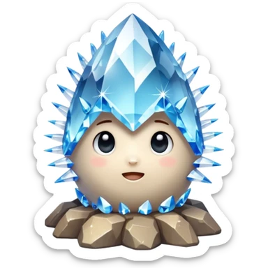 A single cute crystal rock character inspired by a clear quartz cluster, chunky round base with many tall transparent crystal spikes growing upward all around it  sticker