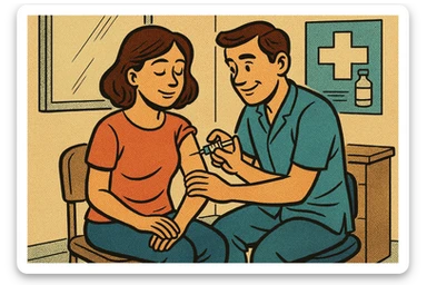 A full body image of a calm mother being injected with a vaccination in the top of her army by a caring male nurse. This is taking place in a doctor's consultation room sticker
