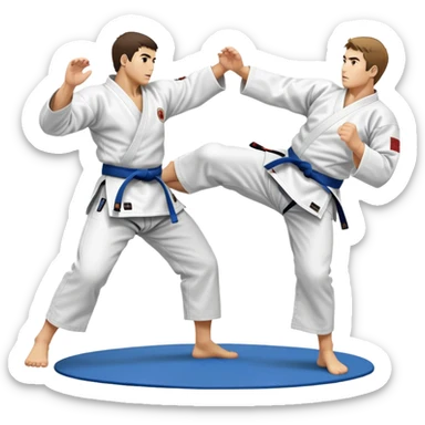 Two judo practitioners in traditional gi, one executing a powerful throw while the other is countering with a defensive move. The background features a judo mat and a focused dojo atmosphere. Transparent background highlights the precision and technique of judo. sticker