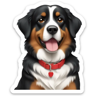 Burmese mountain dog sitting with red collar sticker