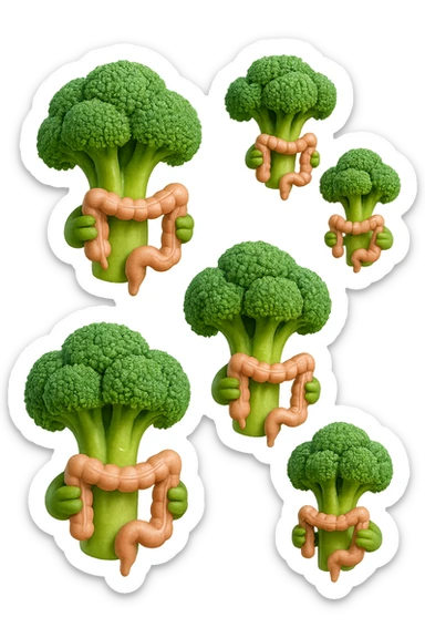 broccoletti stile emoji iphone fluttuano in aria stringendo in mano un pezzo di colon intestinale, iperrealistico 4k sticker