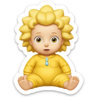A 3D cartoon baby character entirely yellow, styled like Maggie Simpson, with pacifier, yellow onesie, big eyes, smooth shading, Memoji-style rendering, consistent with other yellow Simpsons characters. sticker