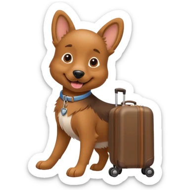 A cheerful dog pulling a small rolling suitcase behind it. sticker