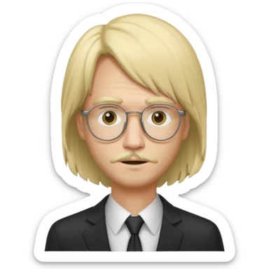 Boomganza-inspired slender man, rose glasses no lenses, wild blonde wig, thin scruffy facial hair, neutral expression sticker