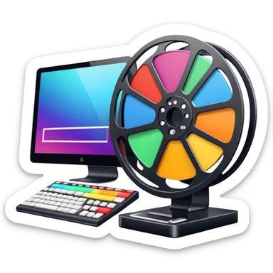 a vibrant and modern icon representing Animation and Motion Design, featuring elements like a film reel, a computer screen displaying animation, dynamic motion lines, and a cinematographic film strip on an editing table. colorful, and dynamic, without any emojis. The background  transparent. sticker