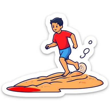 person hopping on hot beach sand with red pain marks on foot and steam rising from the sand sticker