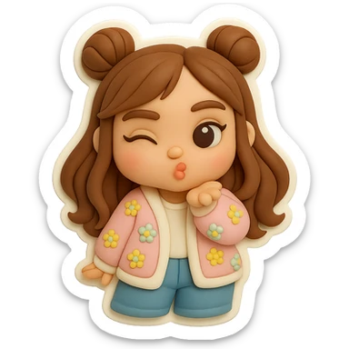 3D chibi fondant cake art style, high-quality rendering with smooth shadows and soft gradients. Girl based on reference image with preserved facial features and eye shape, long brown hair in two space buns, brown eyes, jeans, pastel floral cardigan, thick white outline like a sticker. Blowing a kiss and winking. Transparent background. Ensure the face, hairstyle, and eye shape match the reference exactly. sticker