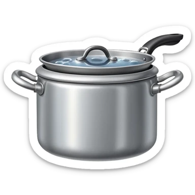 small metal pot filled with boiling water on a stove, visible hot steam and rising bubbles, realistic heat effect, shiny pot surface, bright lighting, clean white background sticker