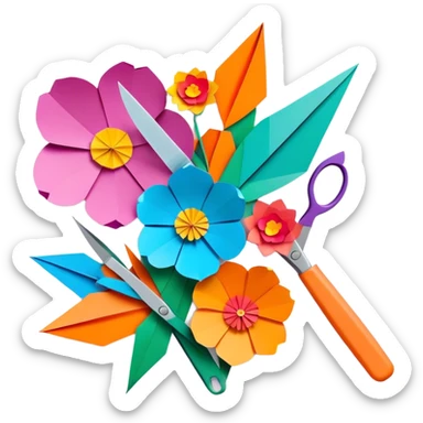 Paper crafting icon, colorful paper sheets, origami figures, 3D paper flowers, visible scissors and craft knife, minimalistic style, clean lines, transparent background. sticker