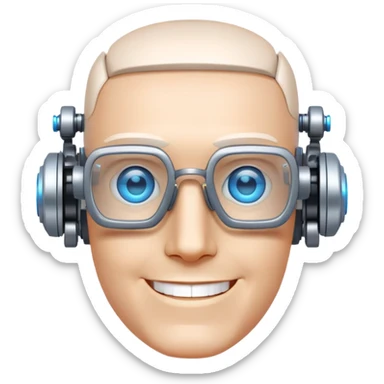 Robotic Cyborg head with fair skin, flat top haircut, rectangular glasses, circuits and smiling Blue eyes sticker