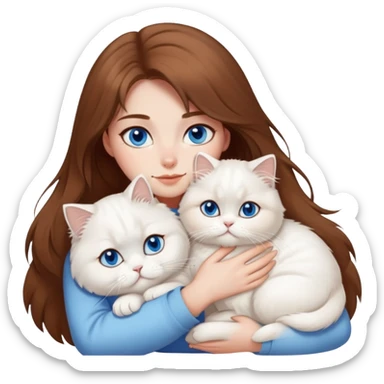 White persian cat with blue eyes cuddling brown long hair girl sticker