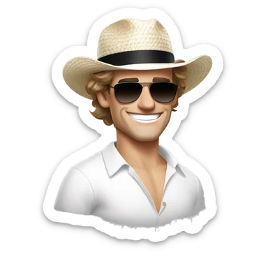 Antoine Griezmann face smiling wearing a white elegant shirt, a staw panama hat and black sunglasses.  sticker