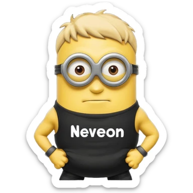 A buff minion wearing a black t shirt top with the words “never GOON” on the shirts chest area sticker