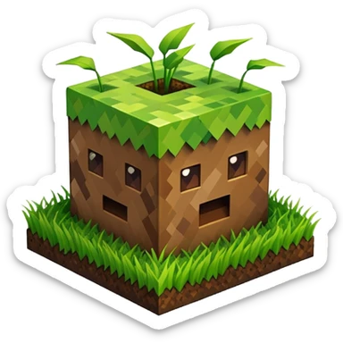 A 3D Apple-style emoji of a Minecraft grass block, cubic shape, with bright green grass on top and brown soil with pixel texture on the sides, simple and cute cartoon design. sticker