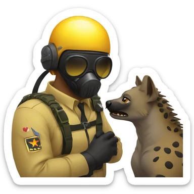 Yellow army Pilot with black mask googles, and then a big hyena kissing kissing him sticker