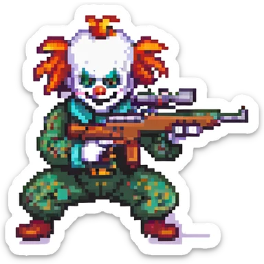 Evil clown assassin, prone and aiming a sniper rifle, pixel art style, retro video game look, simple colors, transparent background. sticker