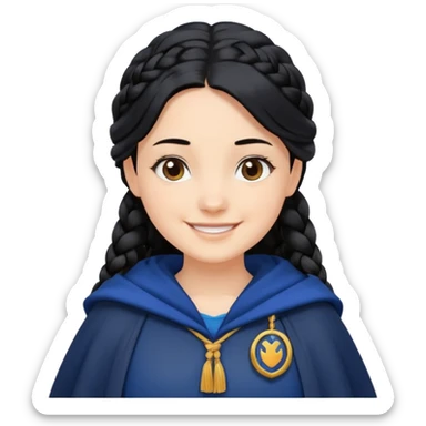 braid black hair, white girl, dark blue cloak, happy smile sticker