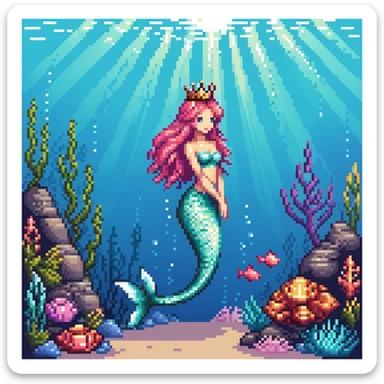 Dark brown skin mermaid princess with crown and shimmering tail in underwater kingdom sticker