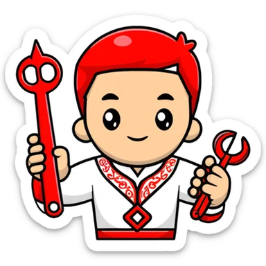 A Ukrainian man wearing traditional white embroidered vyshyvanka shirt holding red scissors in one hand and a spanner/wrench in the other hand sticker