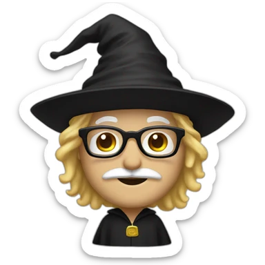 AA man with blond hair and a mustache, wearing a black squared shaped eye glasses, wizard hat, black  robe sticker