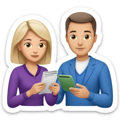 casually dressed stylish  looking husband and wife in their 40s avatars reviewing their finances together  sticker
