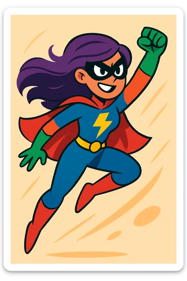 superhero with long purple hair, dynamic pose, vibrant toon style sticker