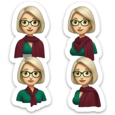 white-woman-with-gray-and-blonde-bob-emerald-eyes-and-glasses-wearing-colorful-burgundy-shawl sticker