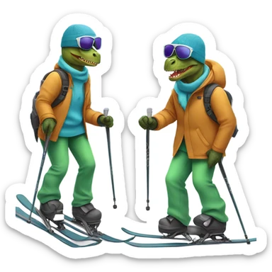 Dinosaur skiing with backwards hat and drip sticker