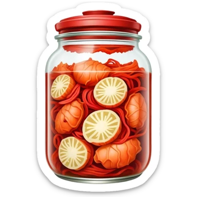 Kimchi Cinematic Realistic Kimchi Dish Emoji, depicted as spicy, fermented cabbage with vibrant red hues neatly served in a traditional jar, rendered with dynamic textures and bold, appetizing lighting. sticker